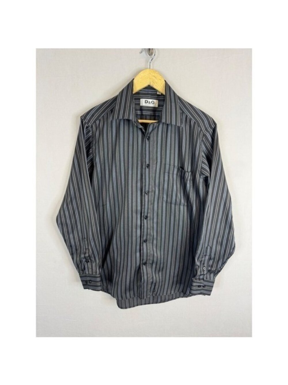 D&G Dolce & Gabbana Mens Striped Button Dress Shirt Black Blue Grey 16 33-34